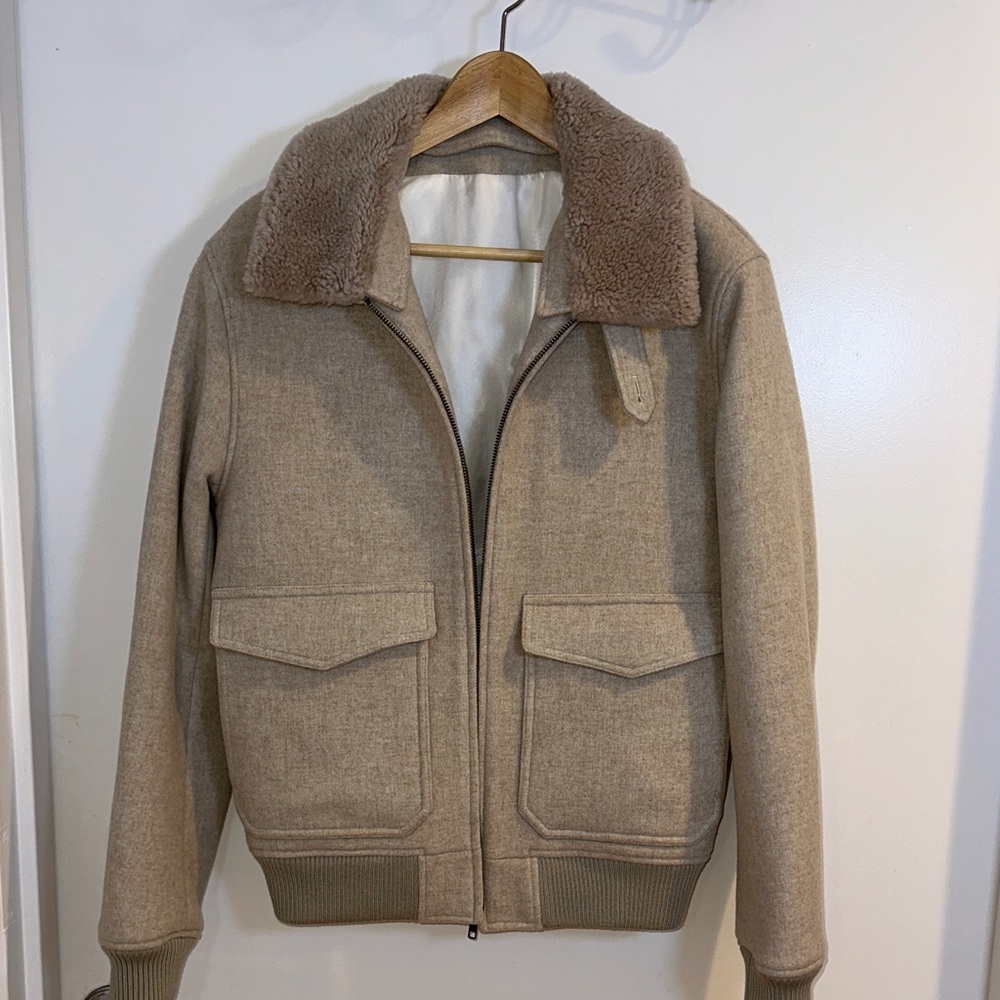 Suit Supply Men's Tan Bomber Jacket with Shearling Collar
